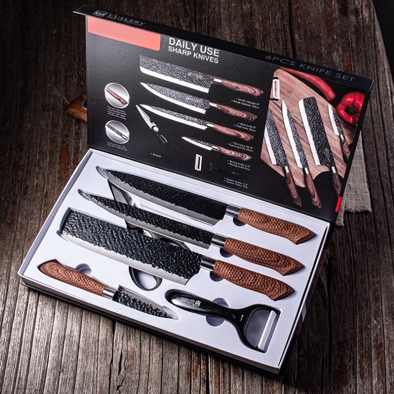 6pcs Stainless Steel Kitchen knife set chef nonstick coat Gift Box Forged knives