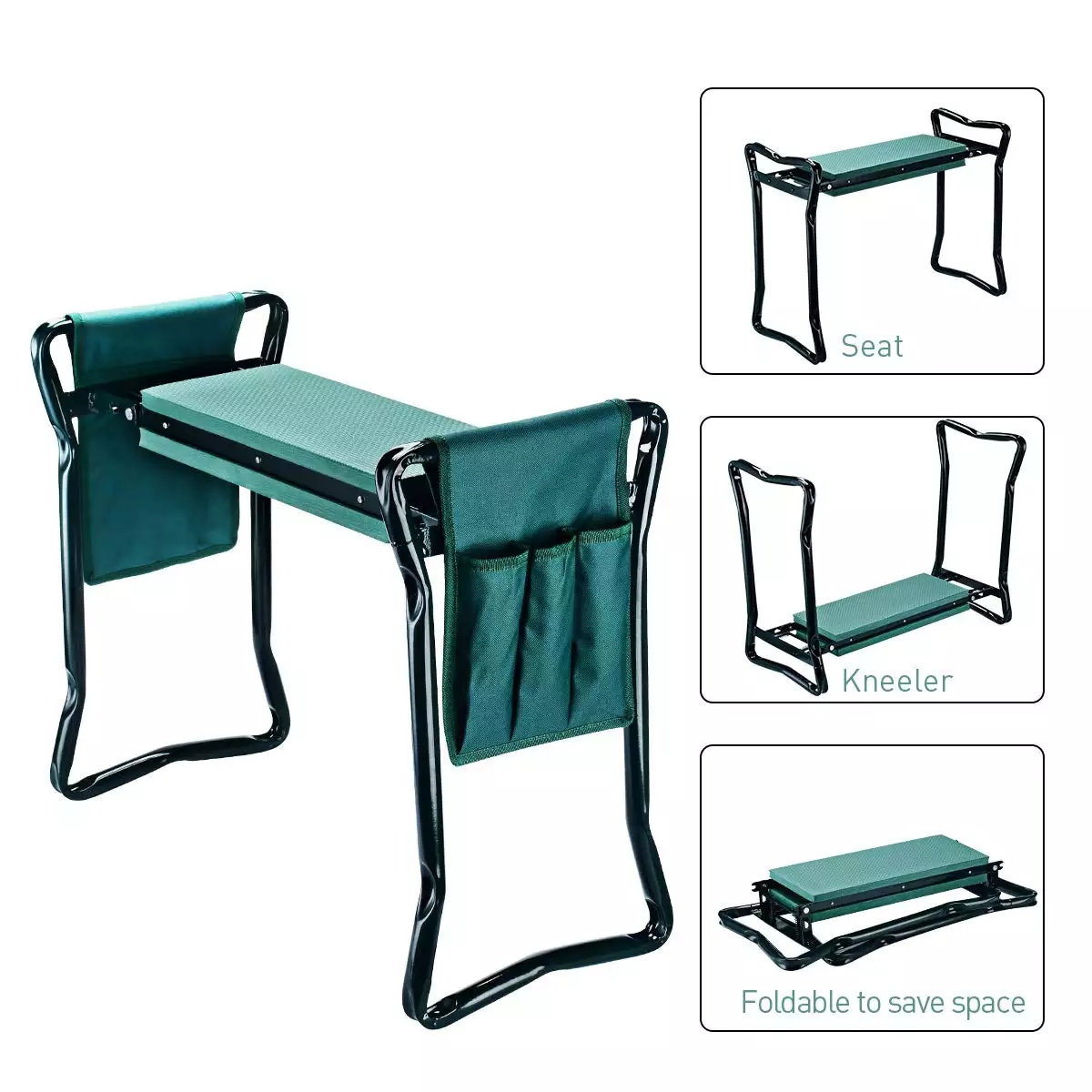 Folding Garden Kneeler Bench Stool Heavy Duty Kneeling Pad and Seat with Tool Pouch