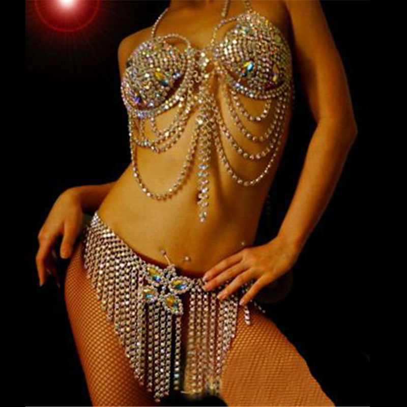 Women Shiny Crystal Rhinestone Mesh Body Bra Bikini Suit Sexy Charm Women Transparent Panties Chest Chain Jewelry