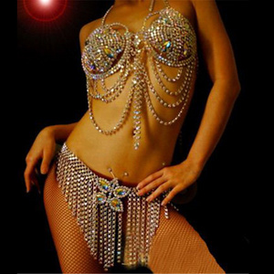 Women Shiny Crystal Rhinestone Mesh Body Bra Bikini Suit Sexy Charm Women Transparent Panties Chest Chain Jewelry