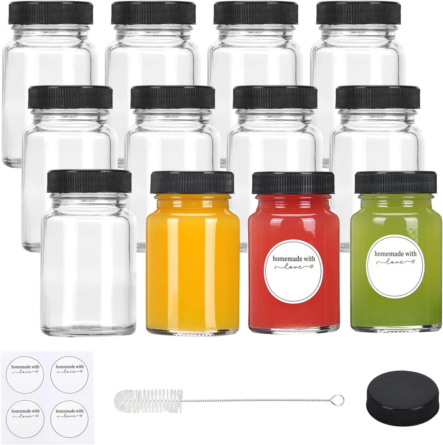 Mini Glass Juice Bottles 2oz Wide Mouth Short Jars with Caps for Potion Ginger Shots Oils with Waterproof Stickers and Brush