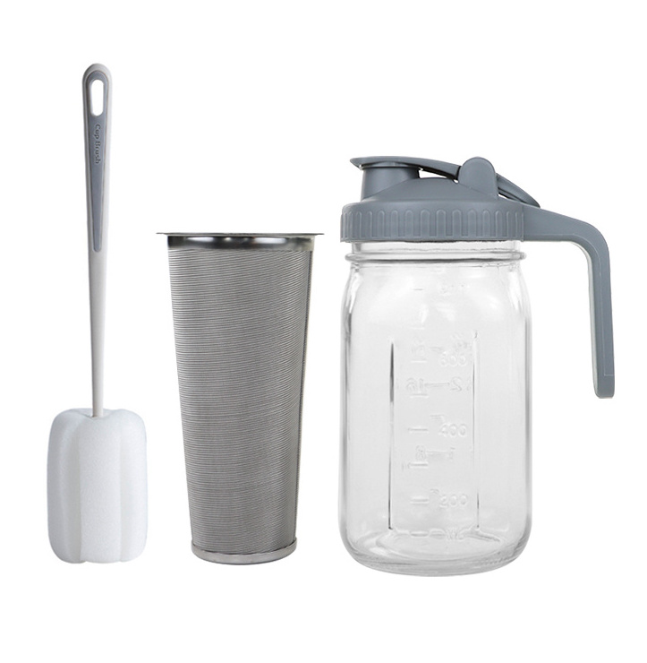 64oz Thick Glass Multipurpose Mason Spout Lid with Handle & Stainless Steel Filter for Iced Brew Coffee Lemonade