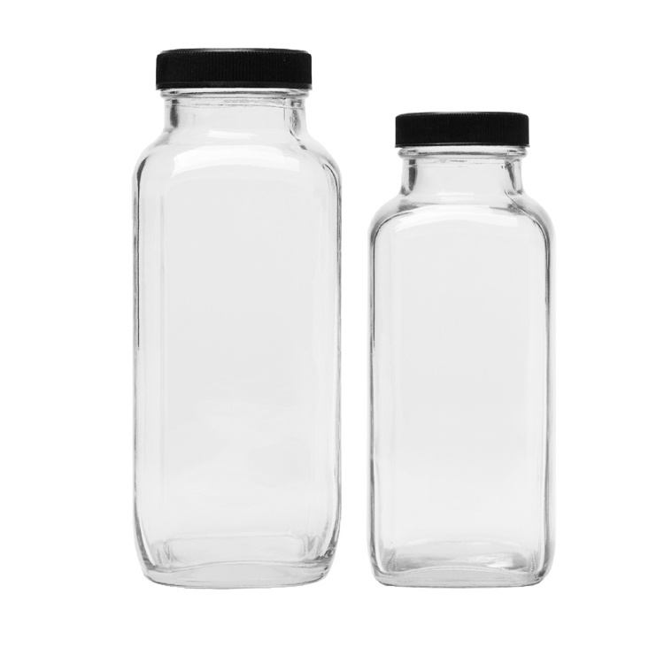 12oz  16oz French Square Glass Bottles Milk Juice Beverage Bottle with Plastic Lid