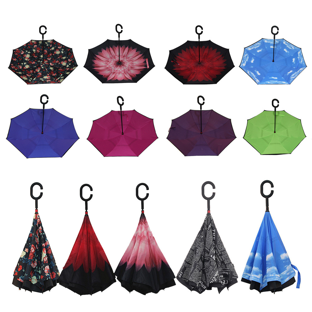 Wholesale Custom Logo Printed Double Fabric pastel Windproof C Shape Handle Upside Down Inverted Reverse Rain Umbrella