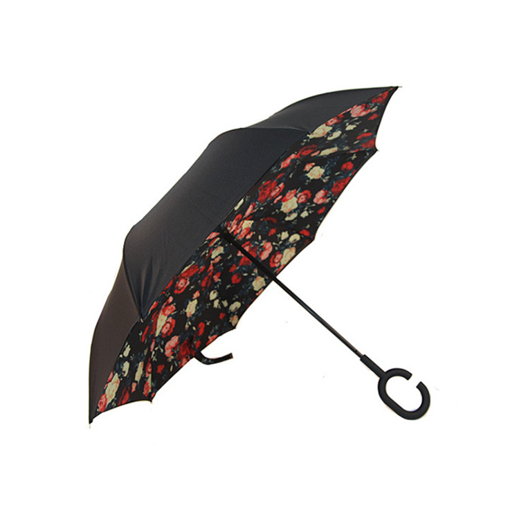 Wholesale Custom Logo Printed Double Fabric pastel Windproof C Shape Handle Upside Down Inverted Reverse Rain Umbrella