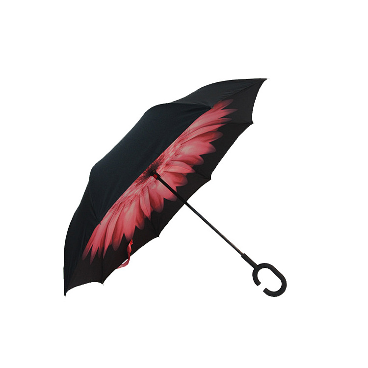 Wholesale Custom Logo Printed Double Fabric pastel Windproof C Shape Handle Upside Down Inverted Reverse Rain Umbrella