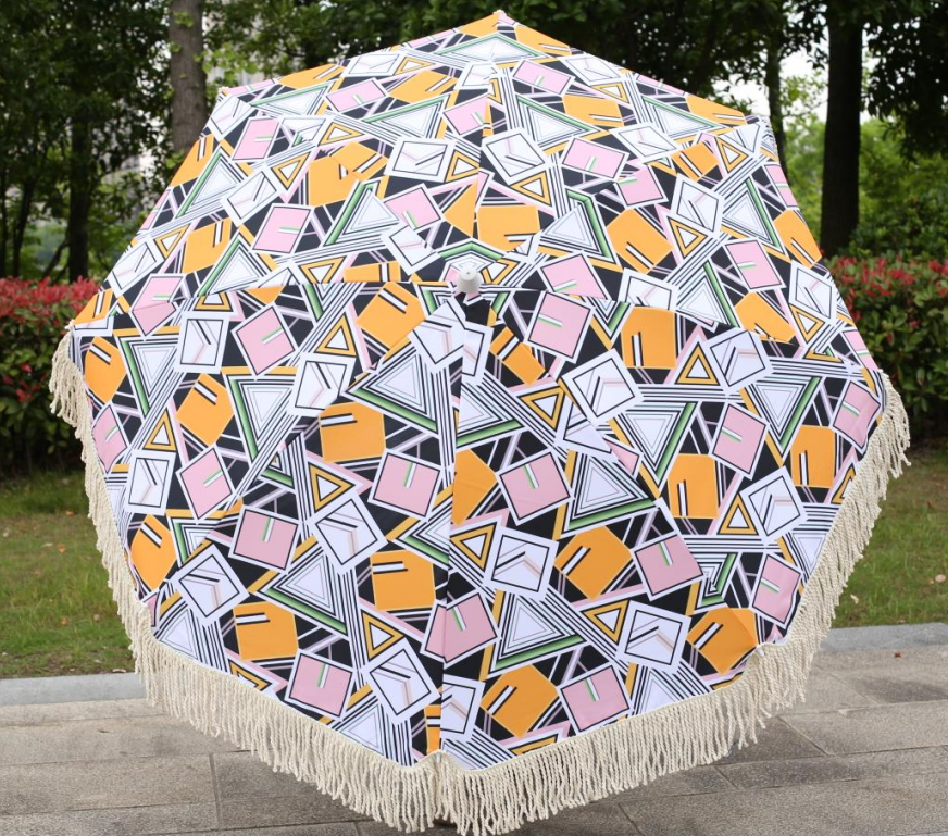 Custom Logo Large Outdoor Portable UV50+ 8' White Cotton Fringe Canopy Parasol Boho Wood Tassels Beach Umbrella With Sand Anchor