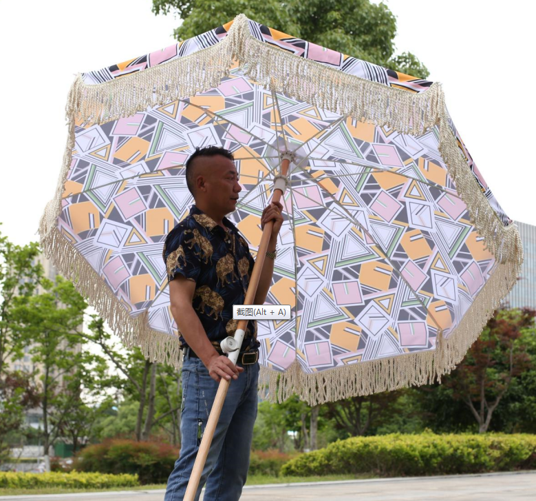 Custom Logo Large Outdoor Portable UV50+ 8' White Cotton Fringe Canopy Parasol Boho Wood Tassels Beach Umbrella With Sand Anchor