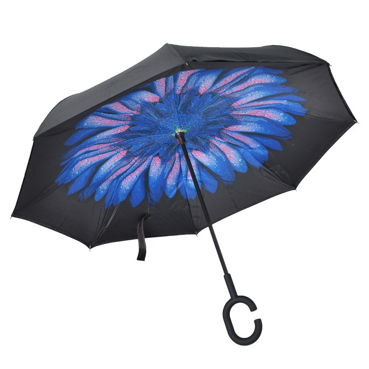 Hot Selling  Double Layer hands free umbrella Inside Out C Shape Handle inverted Reverse Umbrella custom printing