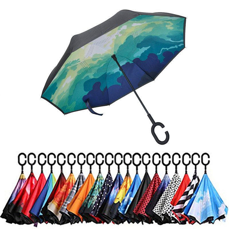 High quality C handle logo custom automatic car umbrella double layer reverse inverted umbrella