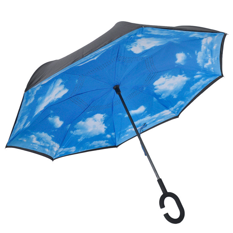 High quality C handle logo custom automatic car umbrella double layer reverse inverted umbrella