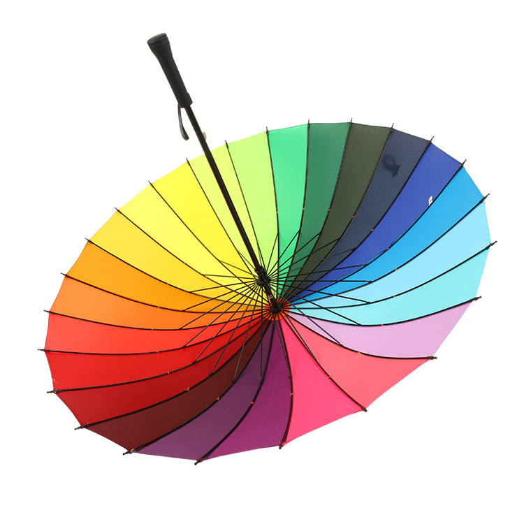 Fashion hot sale custom 24K rainbow big umbrella windproof long handle straight golf umbrella for women