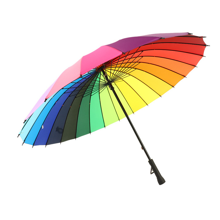 Fashion hot sale custom 24K rainbow big umbrella windproof long handle straight golf umbrella for women