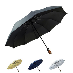 3 fold auto pongee umbrella man business gift golf luxury umbrella with wooden handle