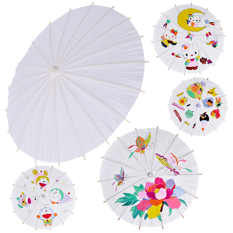 Fashion paper umbrella gift customized DIY kids handmade drawing wooden straight white wedding umbrella