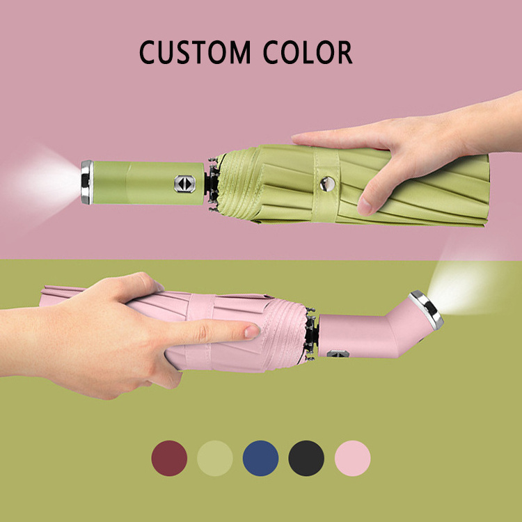 Wholesale rotating handle 12 ribs windproof sunshade automatic 3 folding umbrella custom logo color umbrella with led light