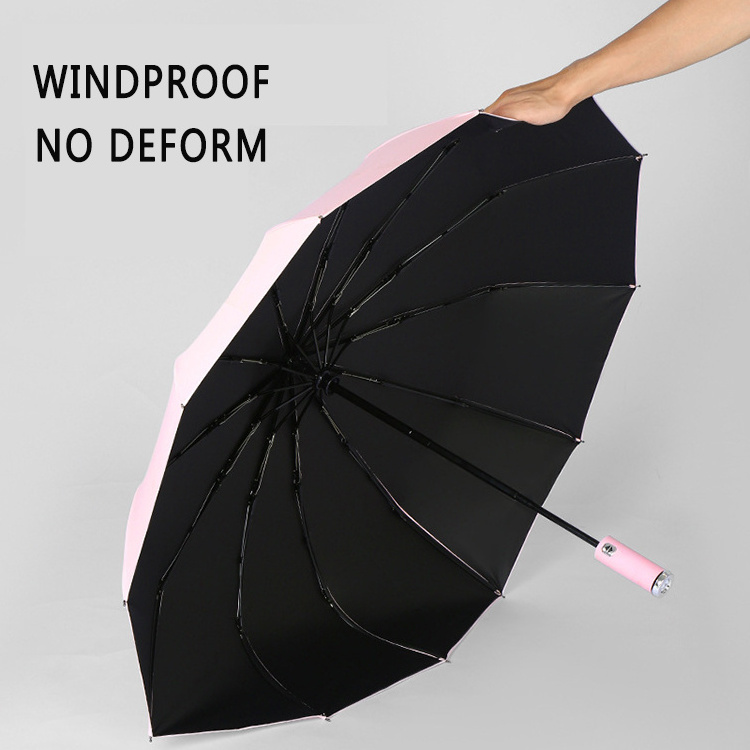 Wholesale rotating handle 12 ribs windproof sunshade automatic 3 folding umbrella custom logo color umbrella with led light