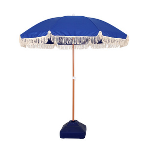 High quality tilt wooden pole custom printing sunshade tassels beach umbrella sun outdoor parasol pool umbrella with fringe