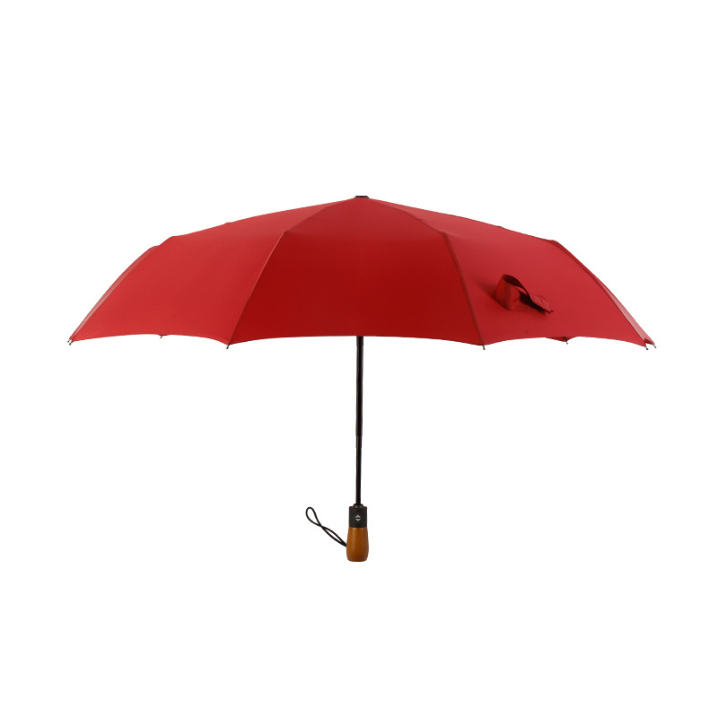 Supplier wholesale custom logo business 3 folding umbrella travel windproof red full automatic umbrella with wooden handle