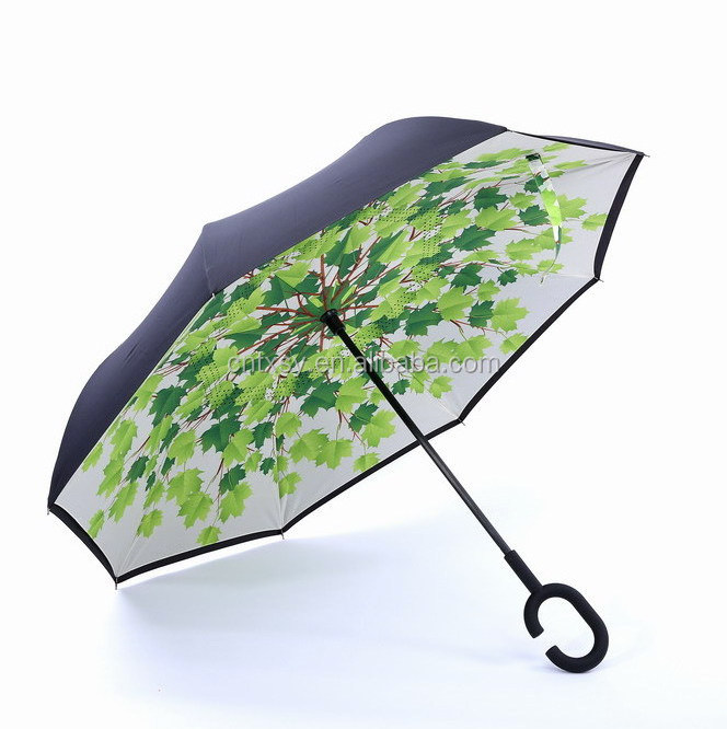 Premium quality upside down windproof 2 layer C handle reverse umbrella inverted inside print parasol