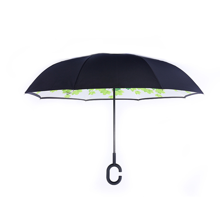 Premium quality upside down windproof 2 layer C handle reverse umbrella inverted inside print parasol