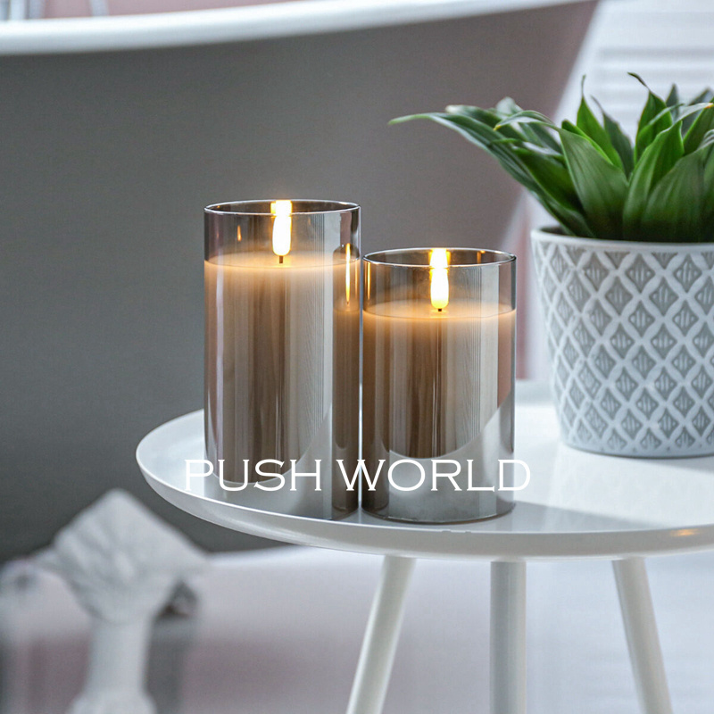 3d real flame pillar candles set in gold glass jar home decoration remote timer flameless led candle