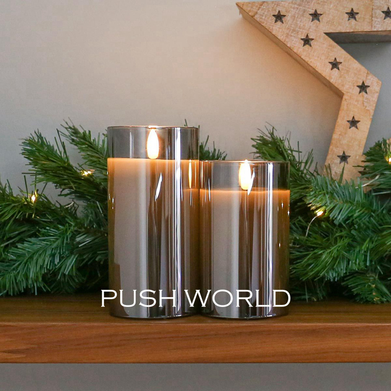 3d real flame pillar candles set in gold glass jar home decoration remote timer flameless led candle