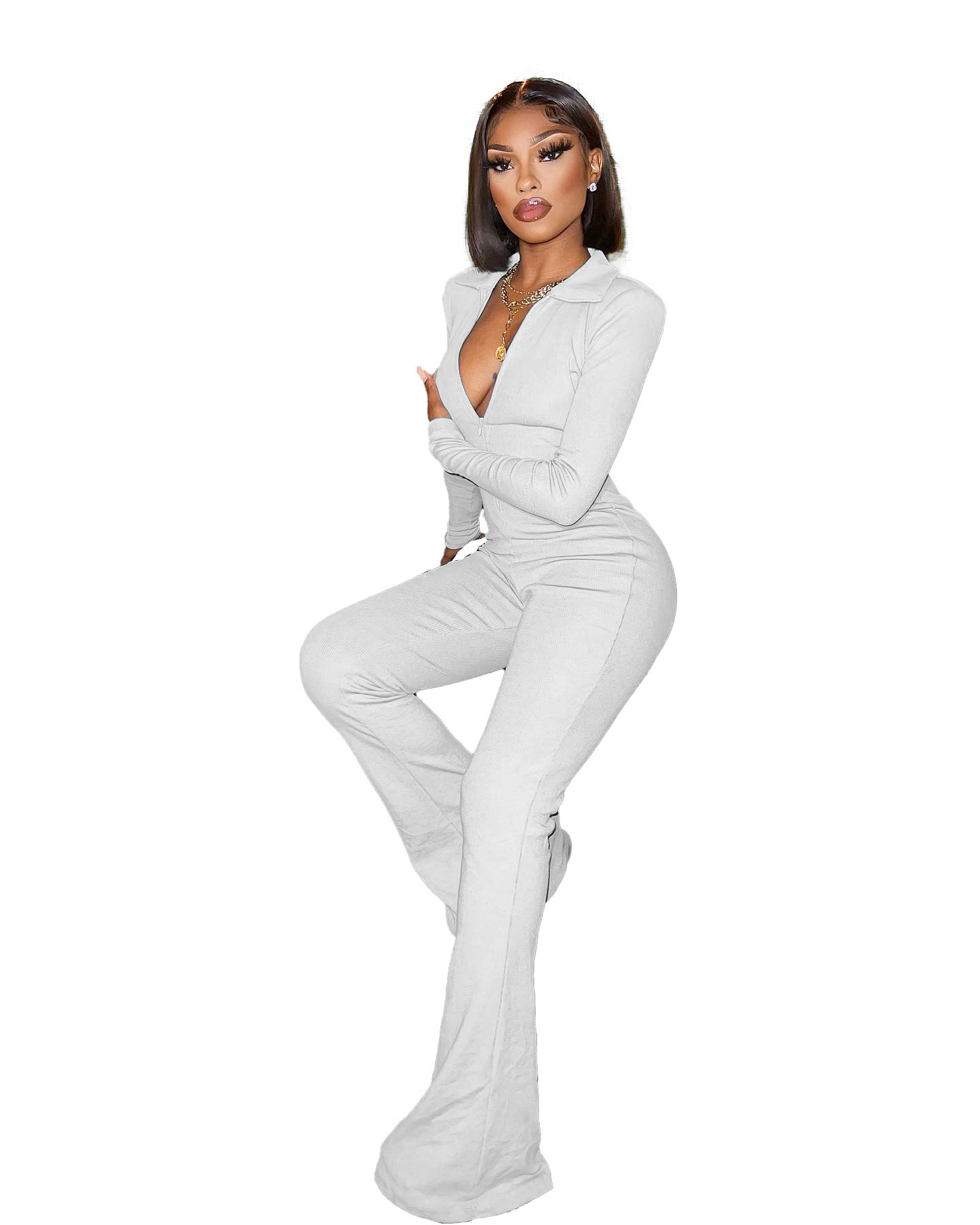 Wide Leg Rompers Long Sleeve One Piece Elegant Jumpsuit Fall Women Clothes Zipper Solid Color V Neck Jumpsuit