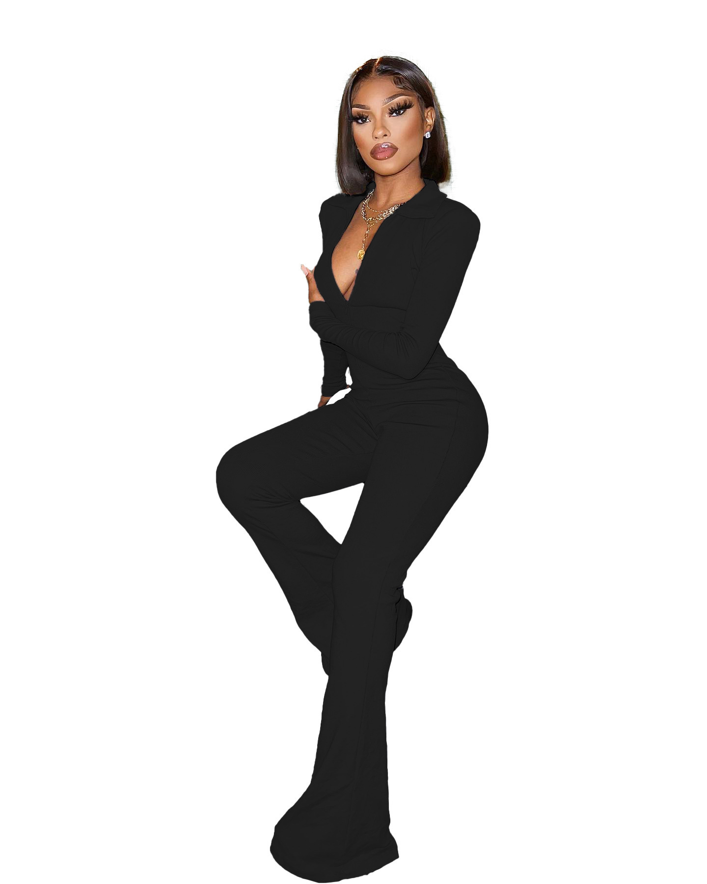 Wide Leg Rompers Long Sleeve One Piece Elegant Jumpsuit Fall Women Clothes Zipper Solid Color V Neck Jumpsuit