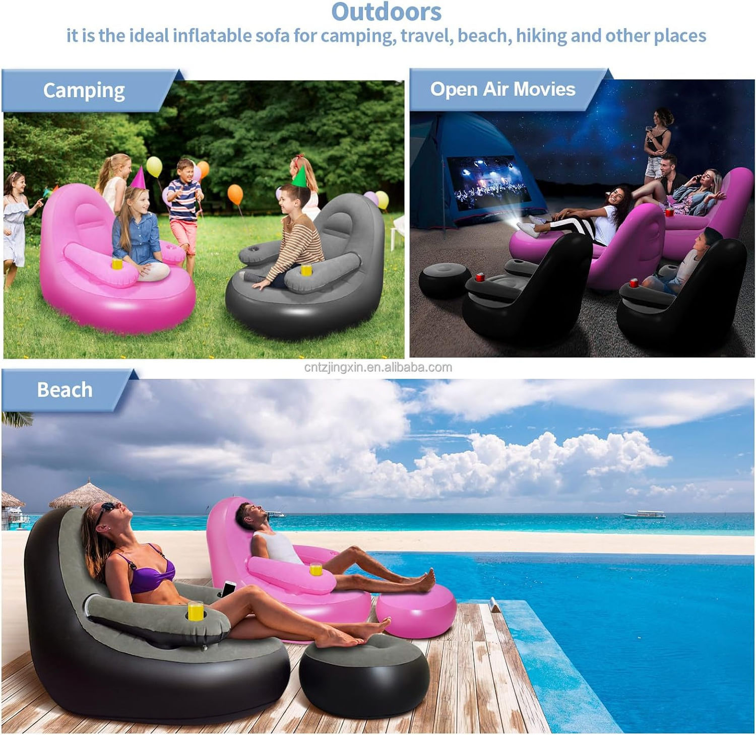 Factory customized inflatable sofa with built-in armrest cup holder suitable for camping parties and gatherings