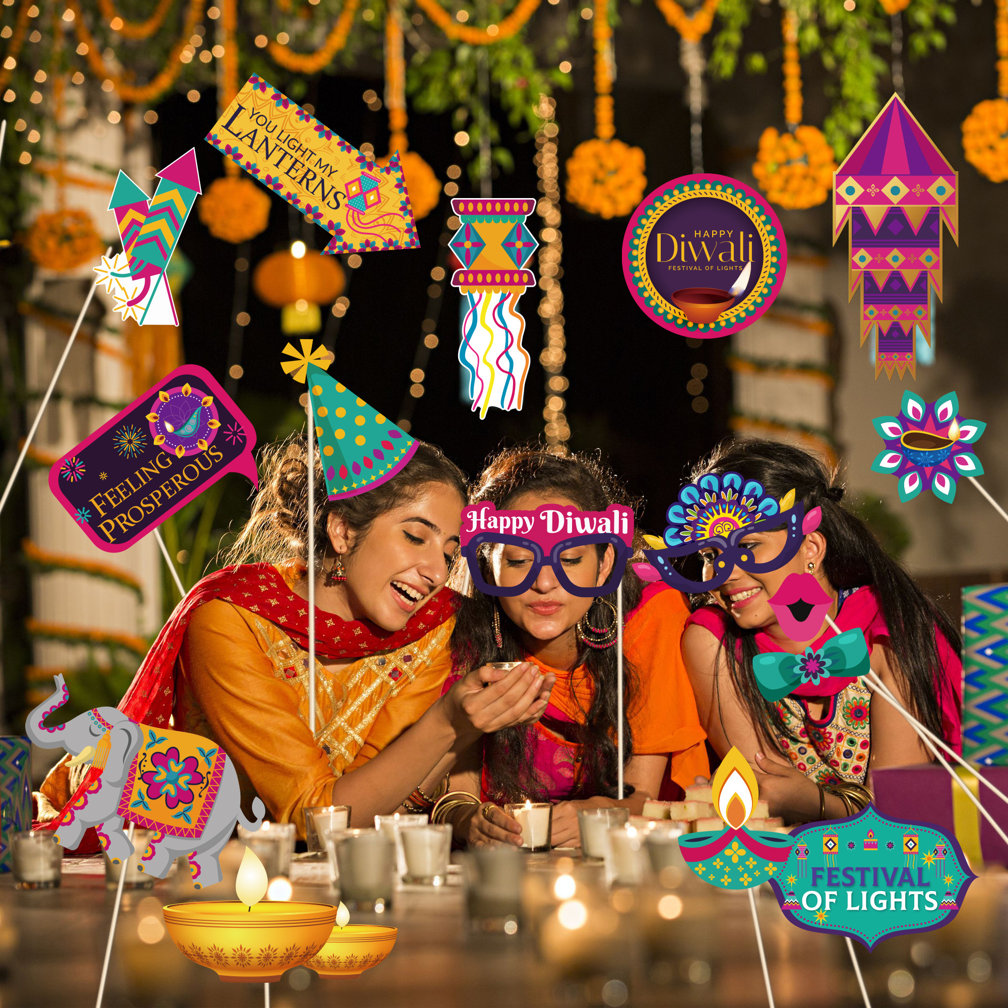 PZ290 Diwali Party Indian Festival of Light Party Selfie 25pcs Photo Booth Props Kit with Sticks for Deepavali Party Supplies