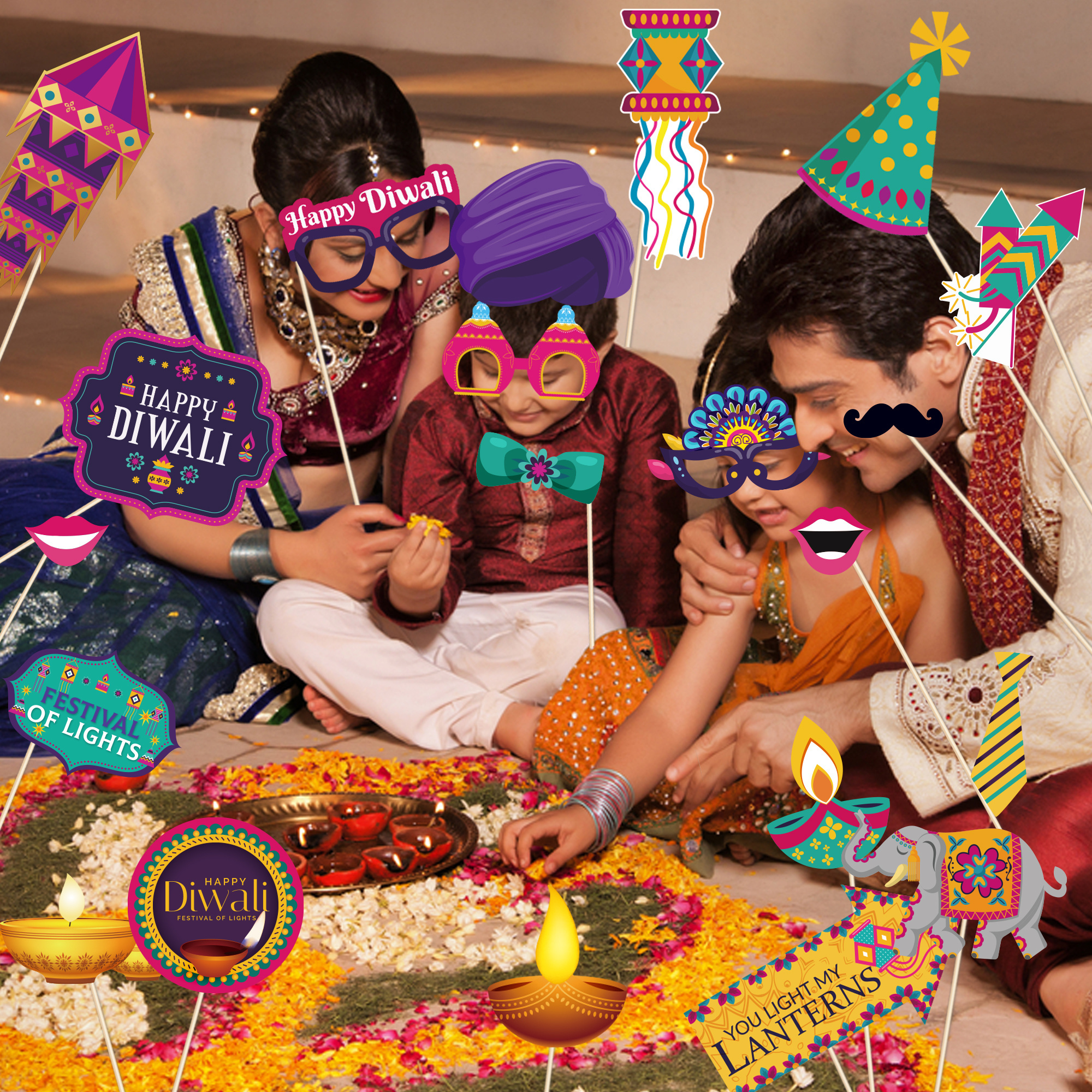 PZ290 Diwali Party Indian Festival of Light Party Selfie 25pcs Photo Booth Props Kit with Sticks for Deepavali Party Supplies