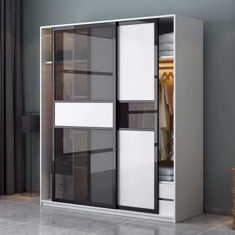 Large Storage Space Bedroom Furniture Wooden Wall Storage Wardrobe Armoire Closet With Glass Door