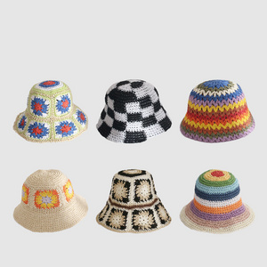 Spring Summer New Striped Rainbow plaid Knitted Straw Crocheted beanie Caps Outdoor Sun bucket Fisherman Hats for Ladies