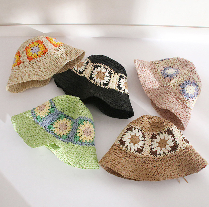 Spring Summer New Striped Rainbow plaid Knitted Straw Crocheted beanie Caps Outdoor Sun bucket Fisherman Hats for Ladies