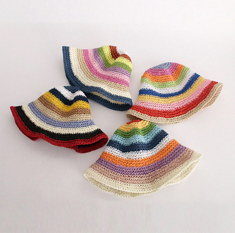 Spring Summer New Striped Rainbow plaid Knitted Straw Crocheted beanie Caps Outdoor Sun bucket Fisherman Hats for Ladies