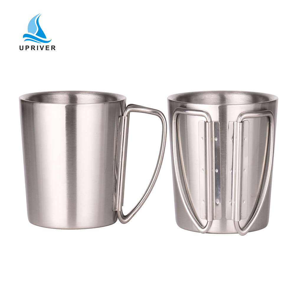 Double wall stainless steel travel mug with folding handle camping coffee cup