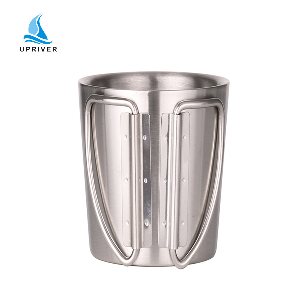 Double wall stainless steel travel mug with folding handle camping coffee cup