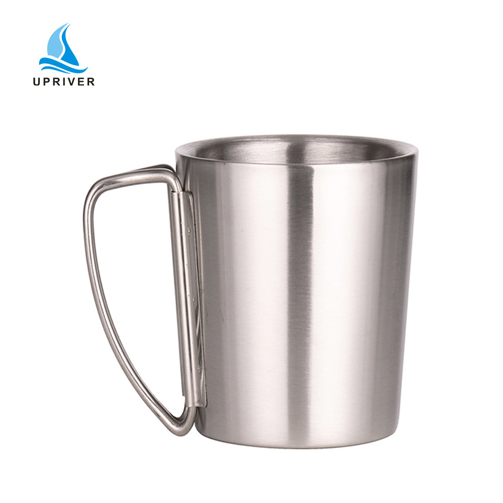 Double wall stainless steel travel mug with folding handle camping coffee cup