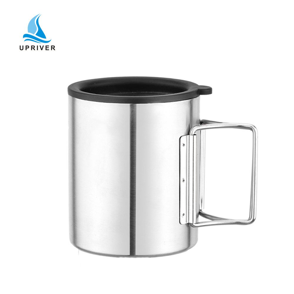 Double wall stainless steel travel mug with folding handle camping coffee cup