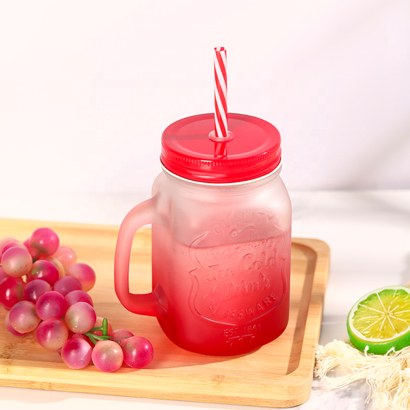 Reusable 16oz 450ml Colored Mason Glass Juice Drinking Jar With Straw Lid Glass Mug For Iced Lemon Water Juice Drinking