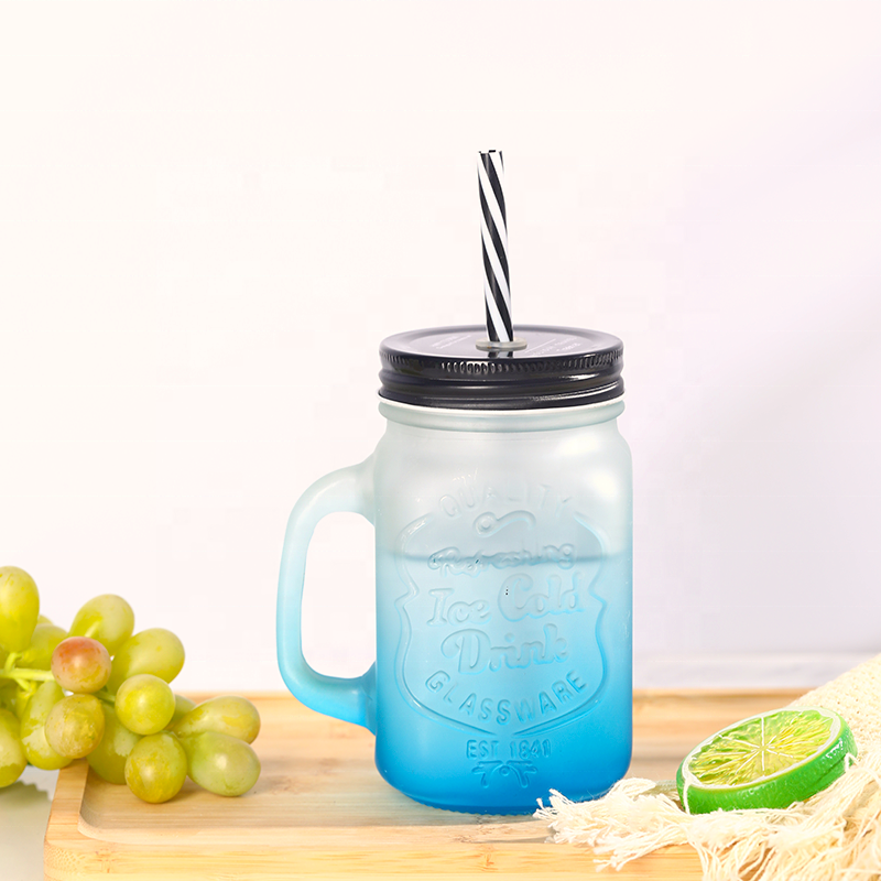 Reusable 16oz 450ml Colored Mason Glass Juice Drinking Jar With Straw Lid Glass Mug For Iced Lemon Water Juice Drinking