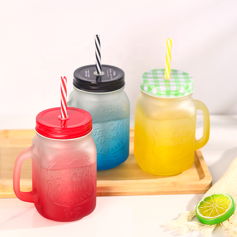 Reusable 16oz 450ml Colored Mason Glass Juice Drinking Jar With Straw Lid Glass Mug For Iced Lemon Water Juice Drinking