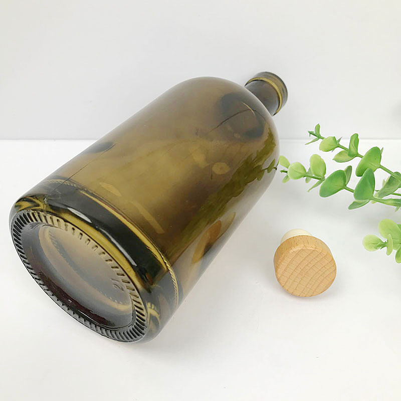 Custom Olive Green Color Round Bottle 500ml 750ml 250ml Gin Whiskey Liquor Olive Oil Glass Bottle with Wooden Cork lid