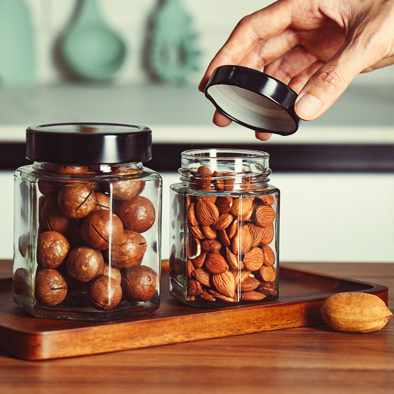 180ml 280ml 380ml 730ml Hexagonal Glass Food Jar with Metal Twist off Lid chili and garlic paste packaging