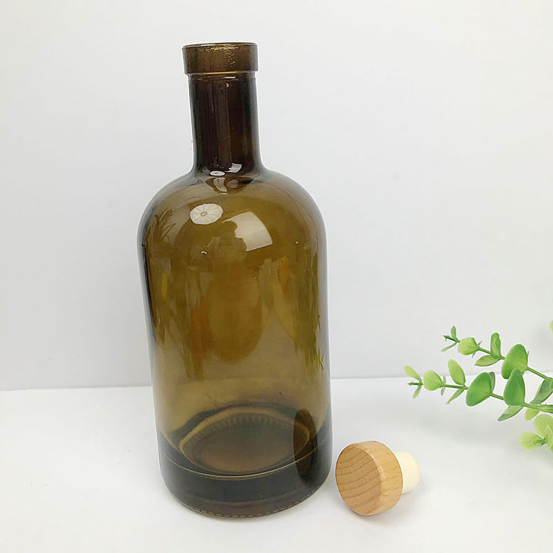 Custom Olive Green Color Round Bottle 500ml 750ml 250ml Gin Whiskey Liquor Olive Oil Glass Bottle with Wooden Cork lid