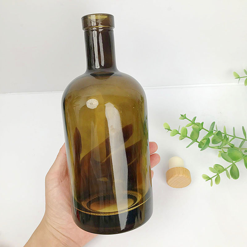 Custom Olive Green Color Round Bottle 500ml 750ml 250ml Gin Whiskey Liquor Olive Oil Glass Bottle with Wooden Cork lid