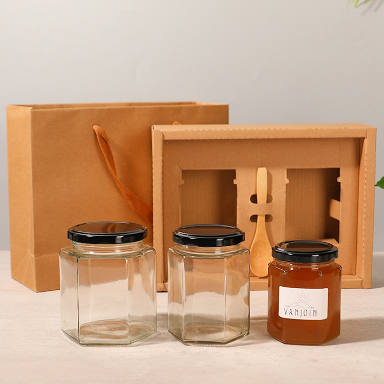 180ml 280ml 380ml 730ml Hexagonal Glass Food Jar with Metal Twist off Lid chili and garlic paste packaging