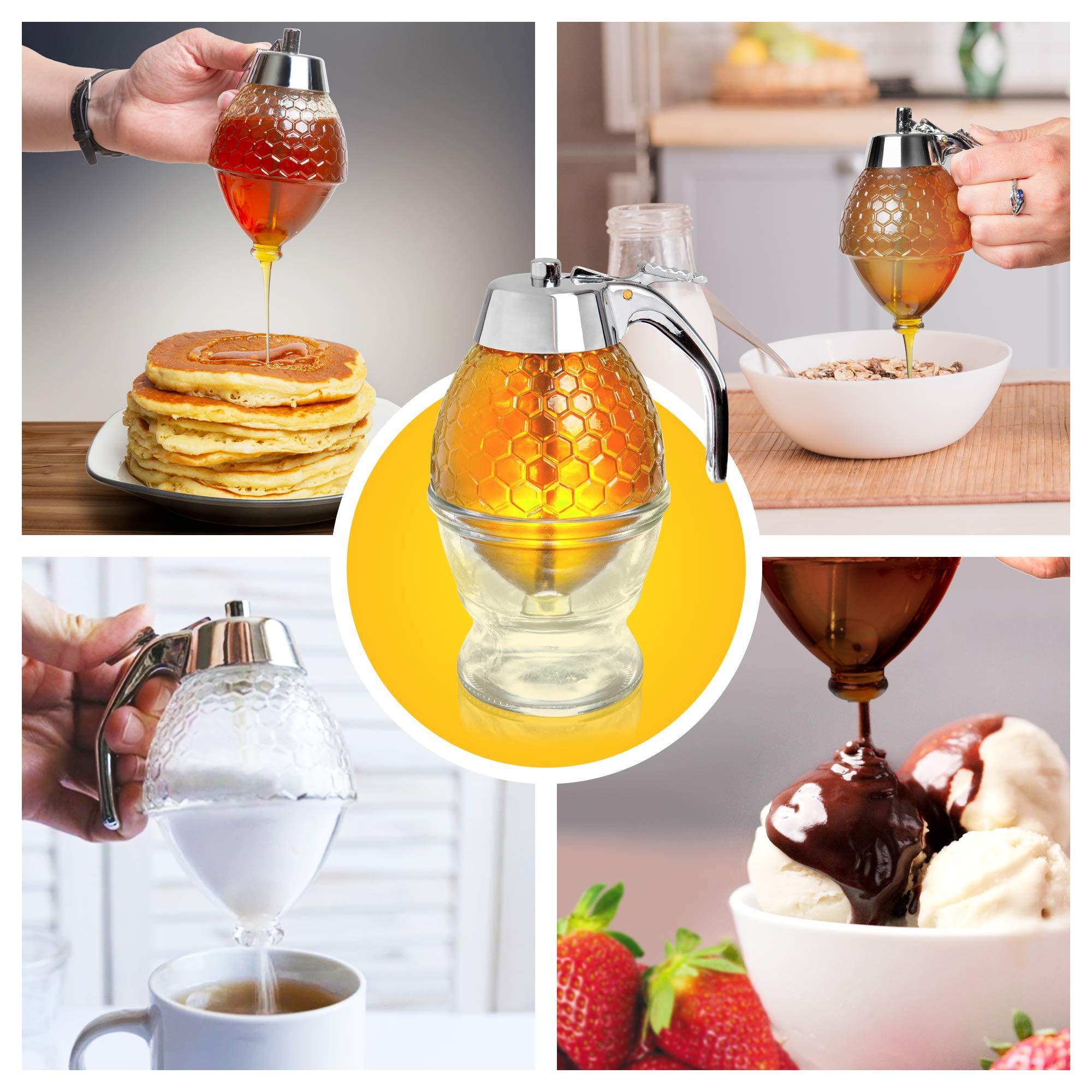 Honey Dispenser Turn Cap Glass Honey Glass No Drip Syrup Dispenser Jar with Stand multiuse dispenser for Home Kitchen