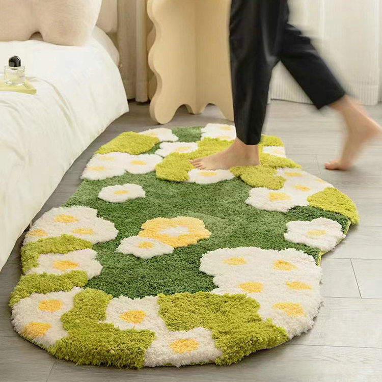 New Design Large Size Bedroom Absorbent Rugs Green Yellow Flower Irregular Bedside Rug Machine Washable